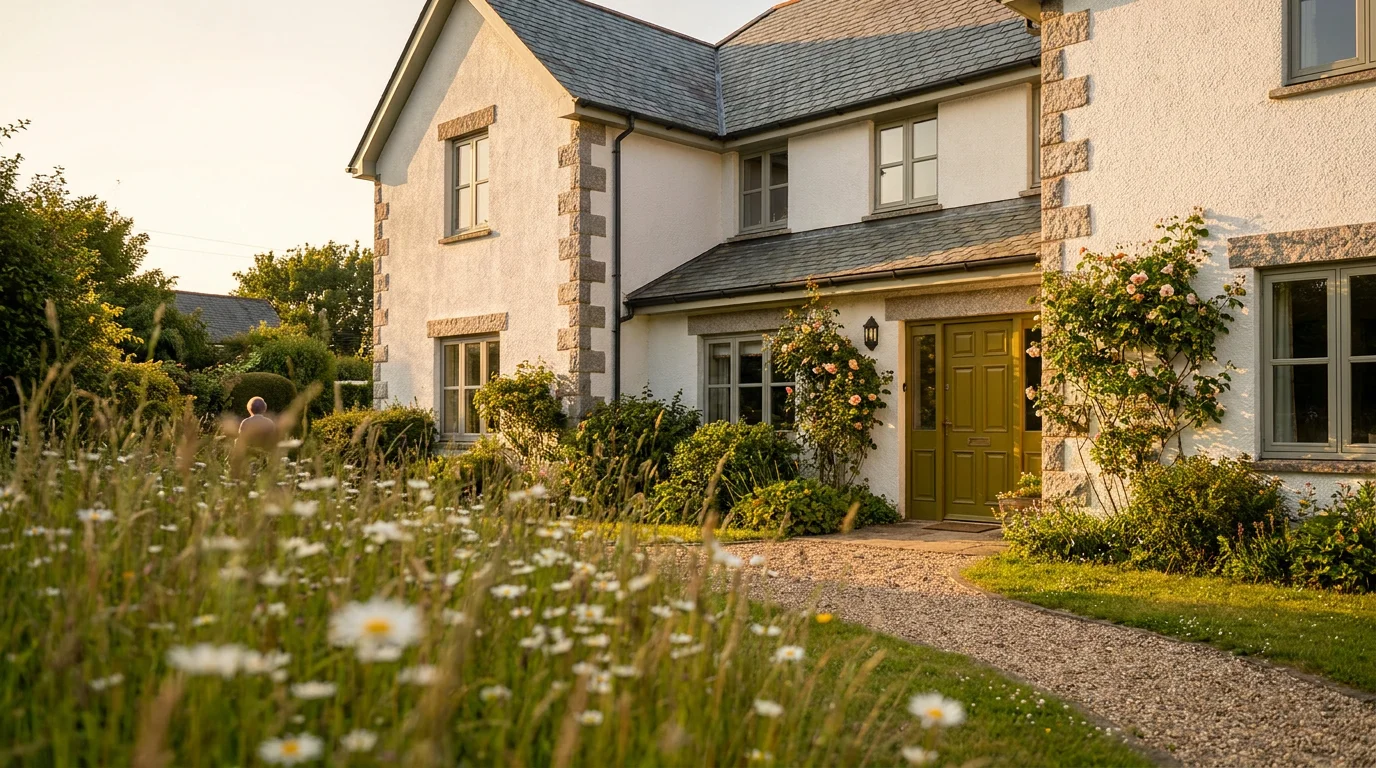 A rendered Devon house with a summer garden