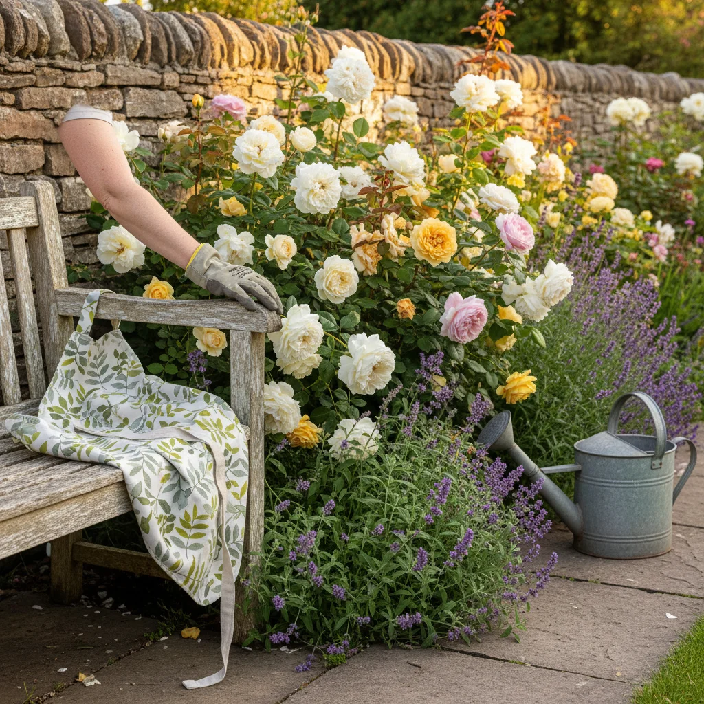 A tended cottage garden with roses and lavender