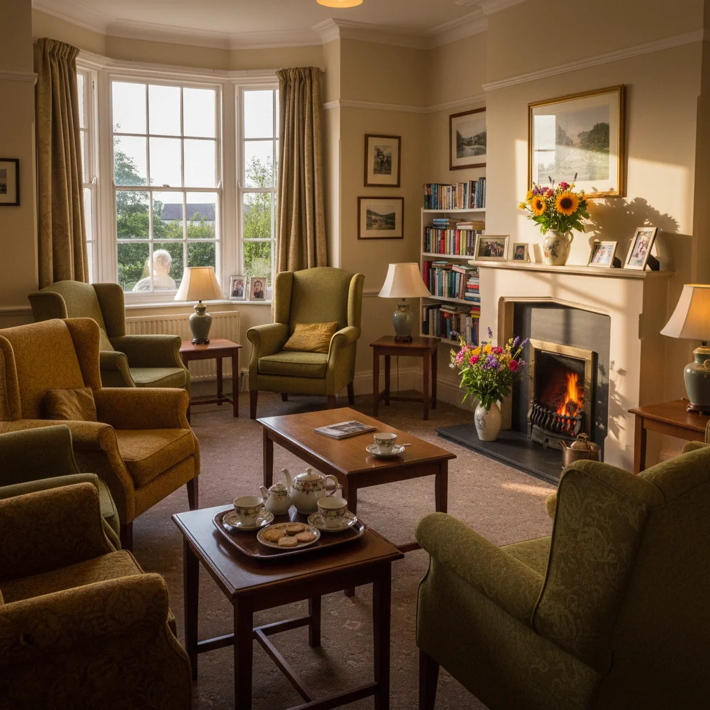 A warm home lounge with a bay window and fireplace