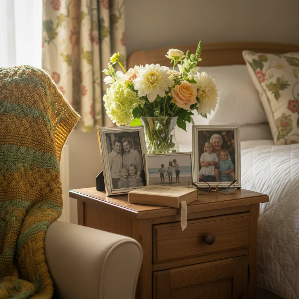 A resident's bedside with family photographs and flowers