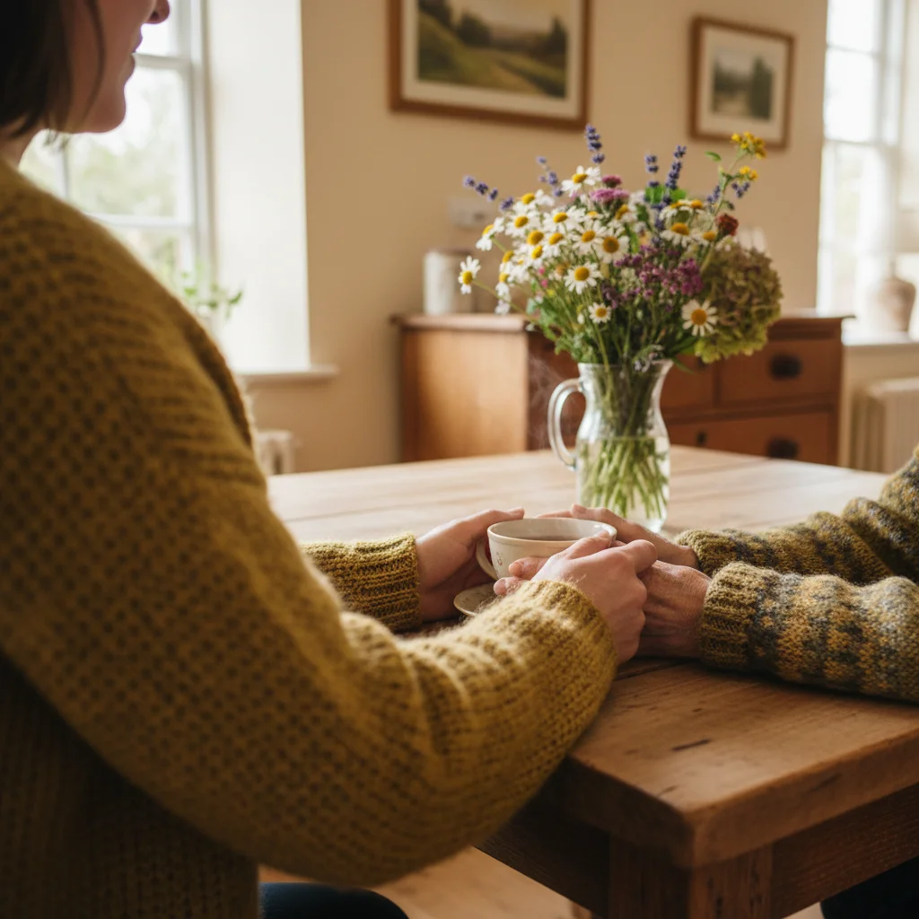 A carer and resident sharing a cup of tea at a kitchen table